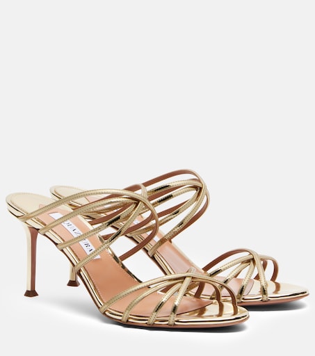 Tell Me mirrored leather mules in gold - Aquazzura | Mytheresa