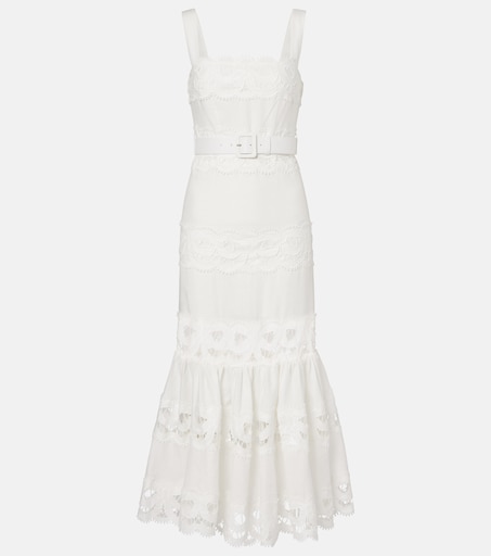 Lace-trimmed linen and cotton midi dress in white - Self Portrait | Mytheresa Lace-trimmed linen and cotton midi dress in white - Self Portrait | Mytheresa