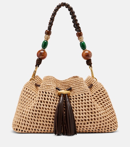 Bon Bon Medium beaded raffia bucket bag in brown - Jimmy Choo