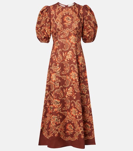 Seraphina printed linen midi dress in burgundy - Alemais | Mytheresa