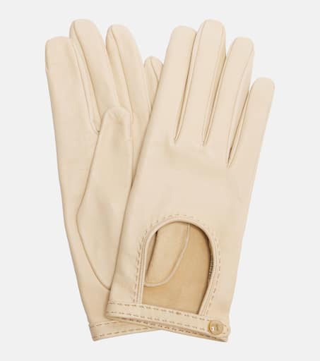 VLogo cutout leather gloves in beige - Valentino Garavani