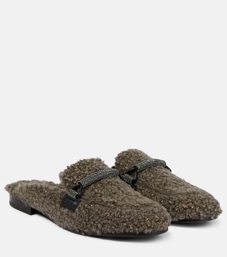 Embellished shearling slippers in brown - Brunello Cucinelli