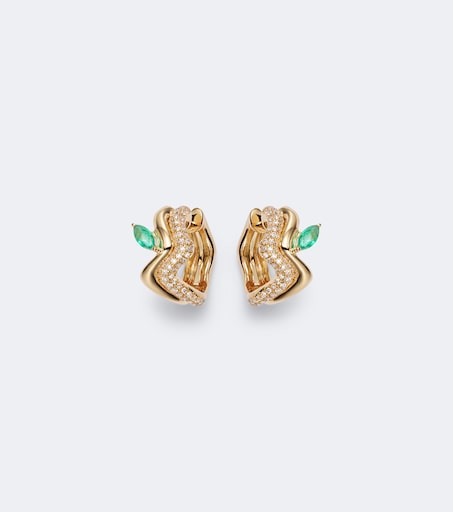 Wave 18kt gold huggie earrings with diamonds and emeralds