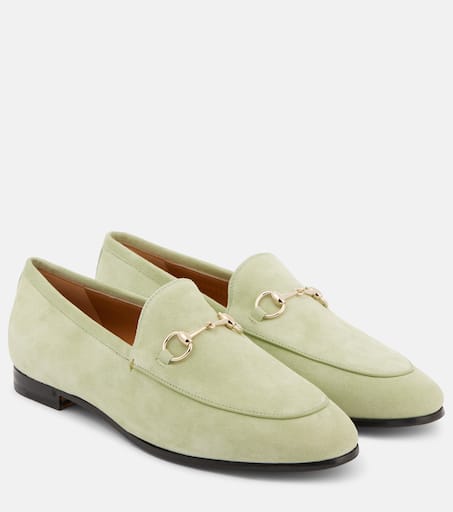 【関税&送料込】Gucci Pastel Green Suede Loafers Gucci Jordaan suede loafers in green - Gucci | Mytheresa