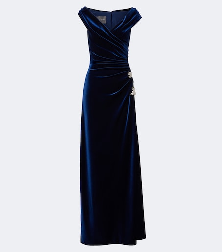 Embellished draped velvet gown in blue - Monique Lhuillier