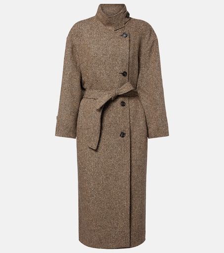Belted herringbone wool-blend coat