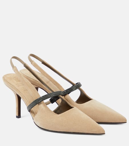 Monili suede slingback pumps in brown - Brunello Cucinelli