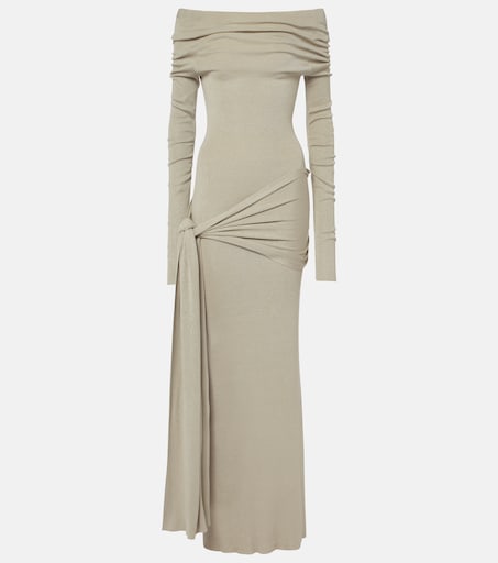Kora off-shoulder silk-blend maxi dress in green - Aya Muse