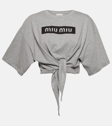 Logo cotton crop top in grey - Miu Miu | Mytheresa