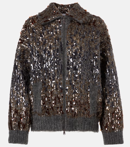 Sequined mohair-blend zip-up sweater in grey - Brunello Cucinelli