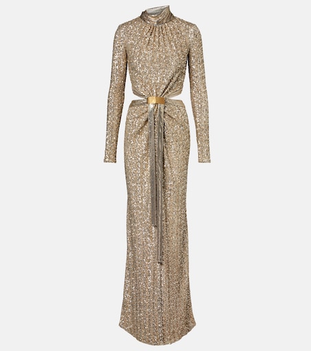 slim fit dress slacks Long Sleeve Asymmetric Wrap Gown in Sequin  Alex Perry