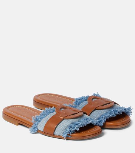 Bell leather trimmed denim slides in blue Moncler Mytheresa