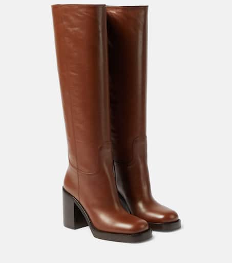 Leather knee-high boots in brown - Prada | Mytheresa