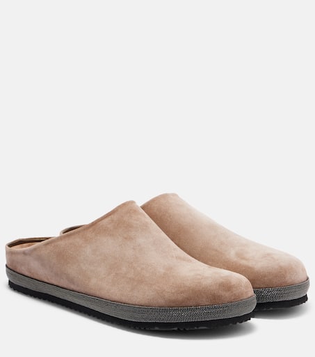 【関税&送料込】Brunello Cucinelli Suede Mule With Monili De Monili suede clogs in burgundy - Brunello Cucinelli | Mytheresa