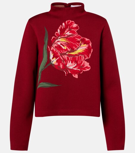 Floral jacquard cotton and wool sweater in red - Carolina Herrera