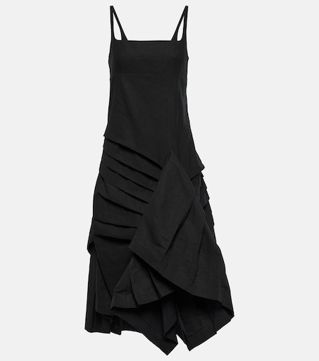 Draped pleated linen and cotton midi dress