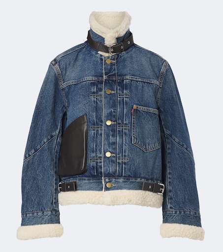 Leather-trimmed denim jacket in blue - Sacai | Mytheresa
