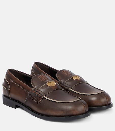 Embellished leather loafers in brown - Miu Miu | Mytheresa