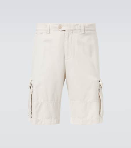 Cotton and linen gabardine cargo shorts in white - Brunello