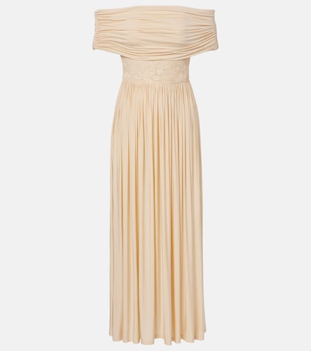 beige off the shoulder maxi dress Beige Off Shoulder Crystal Maxi Gown | Long Sleeve Formal Evening Dress  with Bardot Neckline for Gala Wedding Guest main image 0