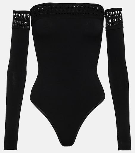 スリップ・インナー・キャミ ALAIA BLACK VISCOSE BODYSUITS Vienne off-shoulder bodysuit in black - Alaia | Mytheresa