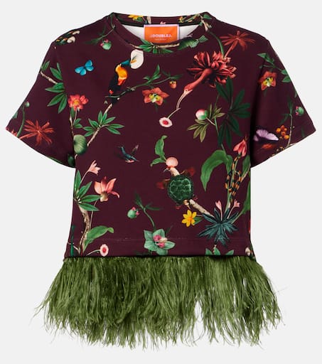 La Scala feather-trimmed printed cotton T-shirt in burgundy - La