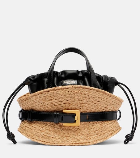Shuffle Mini leather-trimmed raffia tote bag in beige
