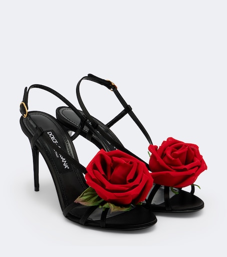 Floral-appliqué satin slingback sandals in black - Dolce Gabbana