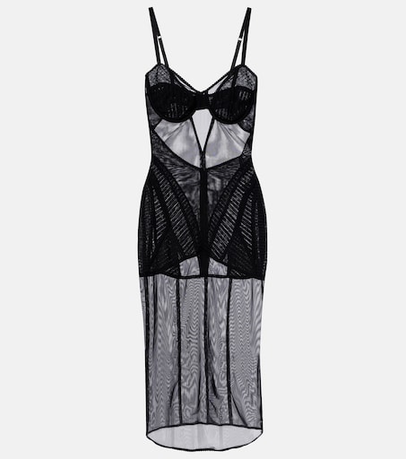 Ruched sheer tulle midi dress in black - Dolce Gabbana | Mytheresa