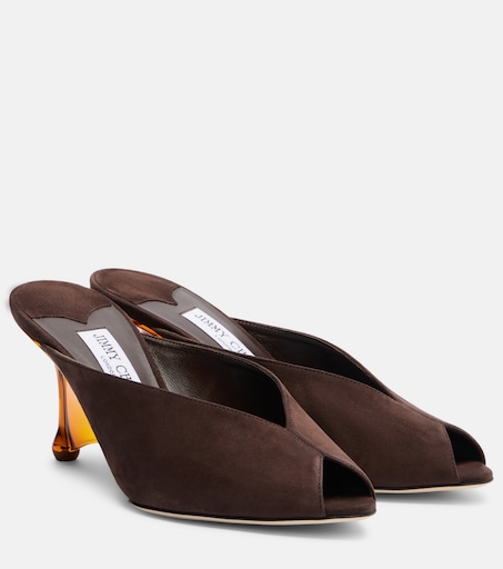 JIMMY CHOO ブラウン レザー ミュール ウェッジソール Glace suede peep-toe wedge mules in brown - Jimmy Choo | Mytheresa
