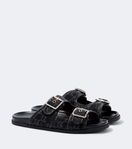 GG leather-trimmed canvas slides in black - Gucci | Mytheresa