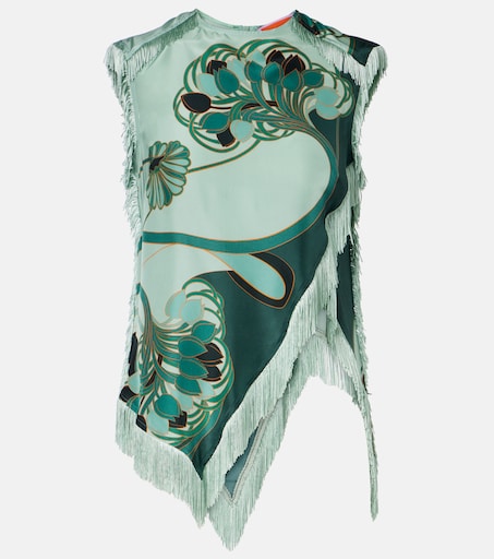 Scarf fringed printed silk voile top in green - La Double J | Mytheresa