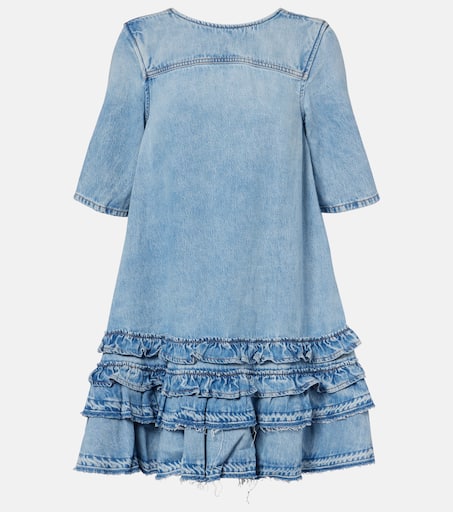 Ganni ■Soft Rigid Denim Open Back Frill Mini Dr - Sky Blue Light Blue Stone Light Blue Denim Shirt | GANNI US