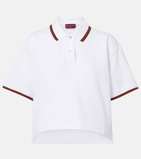 Web Stripe cropped cotton piqué polo shirt in white - Gucci