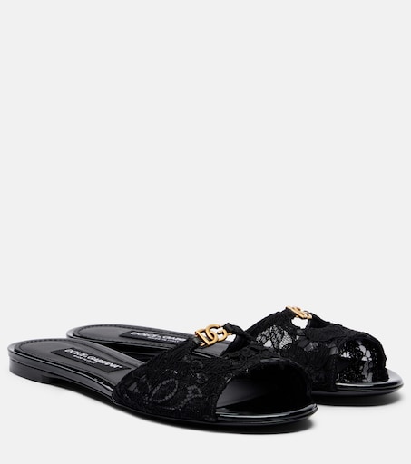 DG leather-trimmed lace slides in black - Dolce Gabbana | Mytheresa