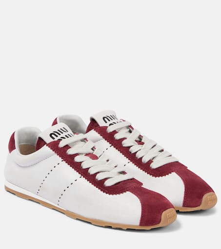 Plume suede-trimmed leather sneakers in white - Miu Miu