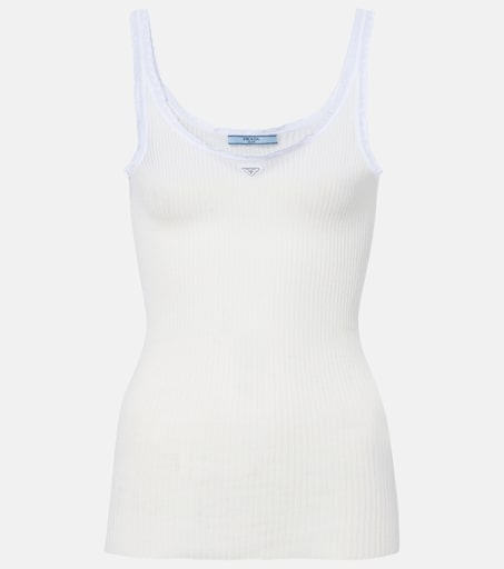 Lace-trimmed ribbed-knit cotton tank top in white - Prada | Mytheresa