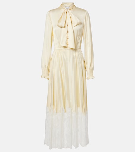 Lace-trimmed satin midi dress in yellow - Self Portrait | Mytheresa