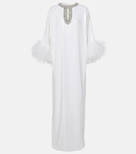 Self-Portrait - Feather-trimmed embellished maxi dress