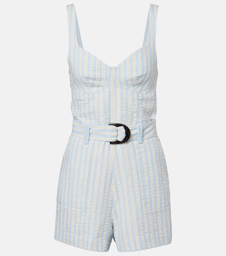 Striped cotton-blend seersucker romper in blue - Simkhai | Mytheresa