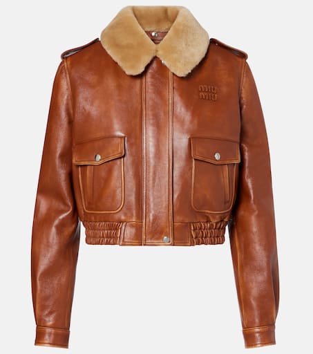 Shearling-trimmed leather jacket in brown - Miu Miu | Mytheresa