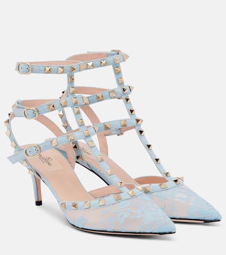 Rockstud 65 lace and leather pumps in blue - Valentino Garavani