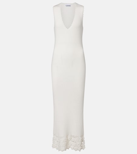Crochet-trimmed ribbed cotton-blend midi dress in white - Ganni | Mytheresa