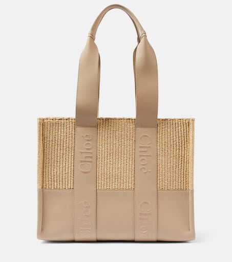 Woody Medium leather trimmed raffia tote bag in neutrals Chloe Mytheresa