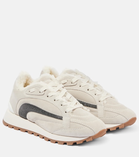 Monili shearling-trimmed suede sneakers in grey - Brunello