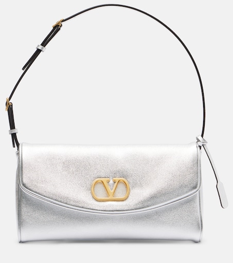 DeVain Small metallic leather shoulder bag in silver - Valentino