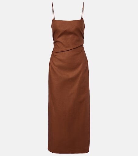 brown midi dresses Fable Floral Dress in Women's Smocked Bodice Midi JO+CO and a silhouette that speaks for itself Linen midi dress in brown