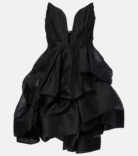 Illuminate draped linen and silk minidress in black