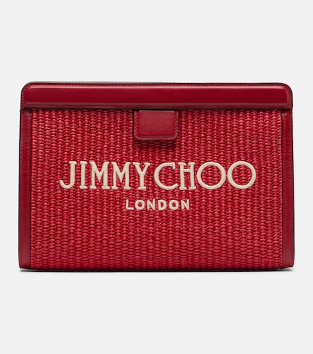 Avenue Small leather-trimmed raffia pouch in red - Jimmy Choo