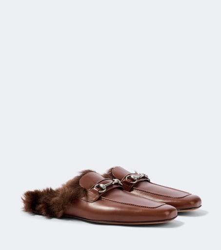 Horsebit shearling-lined leather mules